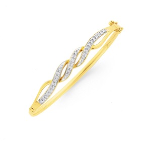 9ct+Gold%2C+Round+Brilliant+Cut+Diamond+Miracle+Plate+Three+Swirl+Bangle