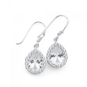 Silver-White-Pear-Cubic-Zirconia-Cluster-Drop-Hook-Earrings on sale