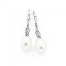 Silver+Cultured+Fresh+Water+Pearl+and+White+Cubic+Zirconia+Hook+Drop+Earrings