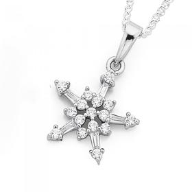 Silver-Tapered-Baguette-Cubic-Zirconia-Snowflake-Pendant on sale