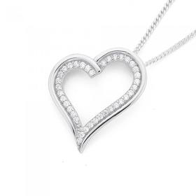 Silver-Fine-Cubic-Zirconia-Outline-Angled-Heart-Pendant on sale