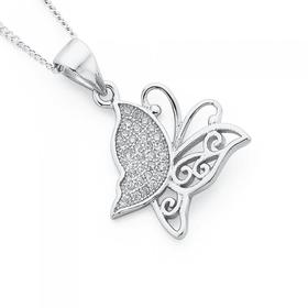 Silver-Pave-Cubic-Zirconia-Scroll-Butterfly-Pendant on sale