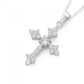 Silver+Cubic+Zirconia+Clover+Ends+Cross+Pendant