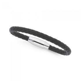 Stainless-Steel-Black-Leather-Plaited-Mens-Bracelet on sale