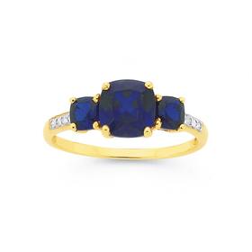 9ct-Gold-Created-Sapphire-Diamond-Trilogy-Ring on sale