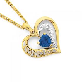 9ct+Gold%2C%2C+Created+Sapphire+%26+Diamond+Filigree+Open+Heart+Pendant