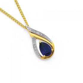 9ct-Gold-Created-Sapphire-Diamond-Pear-Shape-Pendant on sale