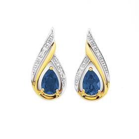 9ct-Gold-Created-Sapphire-Diamond-Pear-Shape-Earrings on sale