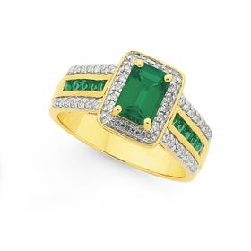 9ct+Gold%2C%2C+Emerald+%28Created%29+%26amp%3B+Diamond+Dress+Ring