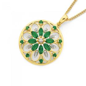 9ct-Gold-Emerald-Created-Diamond-Flower-Cluster-Pendant on sale