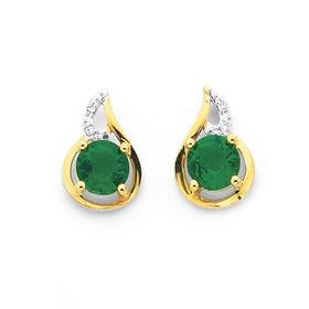 9ct-Gold-Emerald-Created-Diamond-Swirl-Earrings on sale