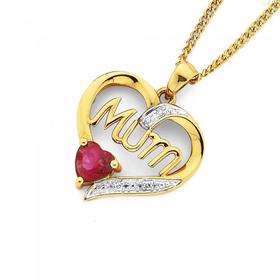 9ct-Gold-Created-Ruby-Diamond-Heart-Mum-Pendant on sale