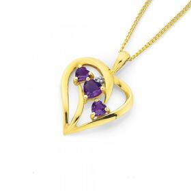 9ct-Gold-Amethyst-Diamond-Trilogy-Heart-Swirl-Pendant on sale