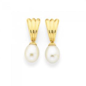 9ct-Gold-Cultured-Freshwater-Pearl-Fan-Teardrop-Stud-Earrings on sale