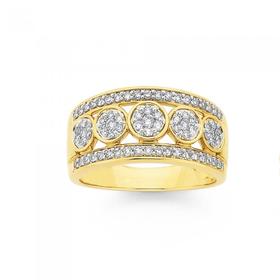 9ct+Gold+Diamond+Three+Row+Band