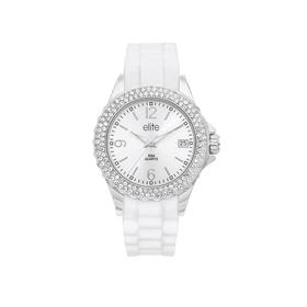 Elite-Ladies-Silver-Tone-White-Stone-Set-Silicone-50-Meter-Water-Resist-Watch on sale