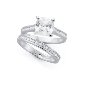 Silver-Cushion-Cubic-Zirconia-Channel-Set-Bridal-Ring-Set on sale