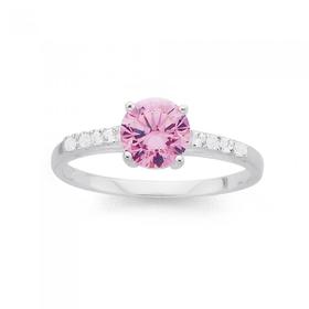 Silver-Round-Pink-Cubic-Zirconia-Cubic-Zirconia-On-Band-Ring-Size-O on sale