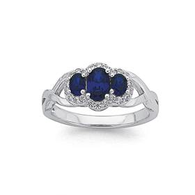 Silver-Three-Oval-Dark-Blue-Cubic-Zirconia-Dress-Ring on sale