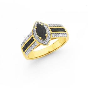 9ct-Black-Sapphire-and-Diamond-Marquise-Cut-Framed-Shoulder-Set-Ring on sale