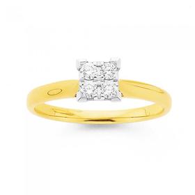 9ct+Two+Tone+Gold+Diamond+Square+Ring