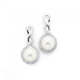 Silver-Round-Cultured-Fresh-Water-Pearl-and-white-Cubic-Zirconia-Infinity-Earrings on sale