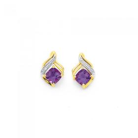 9ct+Gold+Amethyst+%26amp%3B+Diamond+Stud+Earrings