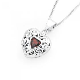 Silver-Garnet-Scroll-Heart-Locket on sale