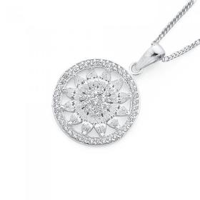 Silver-Cubic-Zirconia-Flower-in-Circle-Pendant on sale