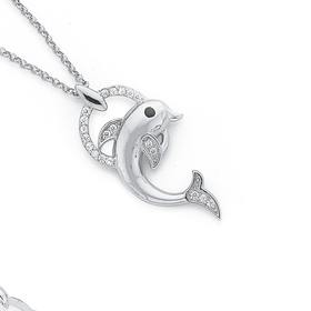 Silver-Cubic-Zirconia-Dolphin-Hoop-Pendant on sale