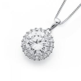 Silver-10mm-Cubic-Zirconia-and-Halo-Pendant on sale