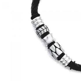 Stainless-Steel-Black-Leather-Plaited-Mens-Bracelet on sale