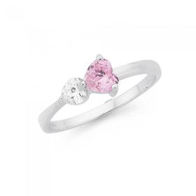 Silver-Pink-White-Cubic-Zirconia-Hearts-Ring on sale