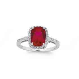 Silver-Long-Cushion-Synthetic-Ruby-Cubic-Zirconia-Cluster-Ring on sale