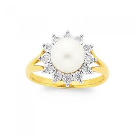 9ct-Gold-Cultured-Freshwater-Pearl-Diamond-Framed-Dress-Ring on sale