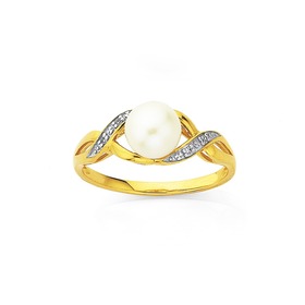 9ct+Gold+Cultured+Freshwater+Button+Pearl+%26amp%3B+Diamond+Crossover+Shoulder+Dress+Ring+Pearl+%3D+8mm