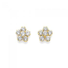 9ct+Gold+Cubic+Zirconia+Flower+Stud+Earrings