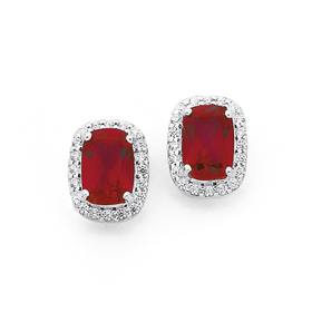 Silver-Long-Cushion-Synthetic-Ruby-Cubic-Zirconia-Cluster-Earrings on sale