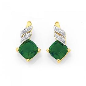 9ct-Gold-Created-Emerald-Diamond-Swirl-Stud-Earrings on sale