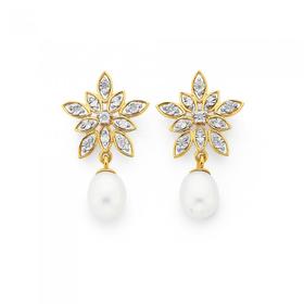 9ct+Gold%2C+Cultured+Freshwater+Pearl+%26+Diamond+Flower+Stud+Earrings