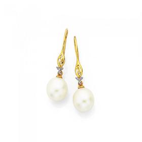 9ct-Cultured-Freshwater-Pearl-Diamond-Drop-Hook-Earrings on sale