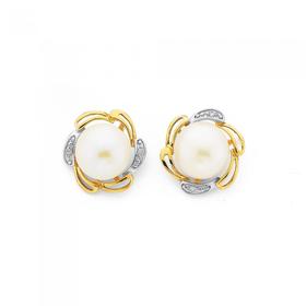 9ct+Gold+Cultured+Freshwater+Pearl+%26amp%3B+Diamond+Flower+Stud+Earrings