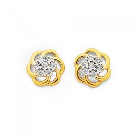 9ct+Gold%2C+Diamond+Swirl+Flower+Stud+Earrings