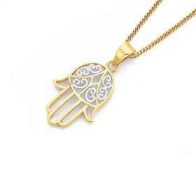 9ct+Two+Tone+Filigree+Hamsa+Hand+Pendant