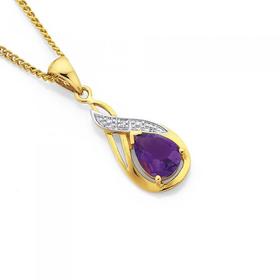 9ct+Amethyst+%26+Diamond+Pear+Swirl+Drop+Pendant