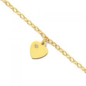 9ct+Gold+16cm+Solid+Belcher+Diamond+Heart+Charm+Bracelet