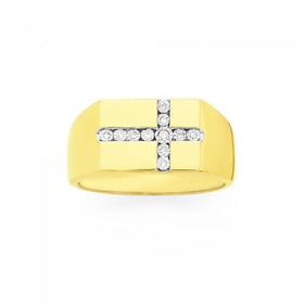 9ct+Gold+Diamond+Cross+Men%27s+Signet+Ring