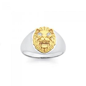 9ct+Gold+and+Silver+Lion+Head+Gents+Ring