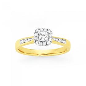 9ct+Gold+Diamond+Halo+with+Shoulder+Ring