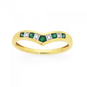 9ct+Gold+Created+Emerald+%26amp%3B+Diamond+Curved+Band
